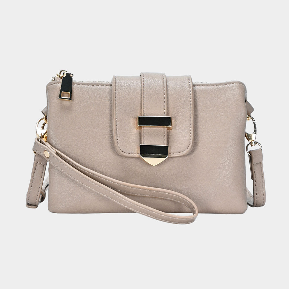 Madeline Love Taupe Belt Buckle Pointed Wristlet Clutch / Crossbody Bag - Bags & Wallets