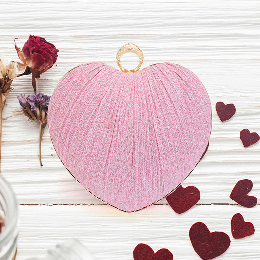 Sparkle Fabric Heart Fold Clutch / Evening Bag / Crossbody Bag - Pink - Crossbody Bags