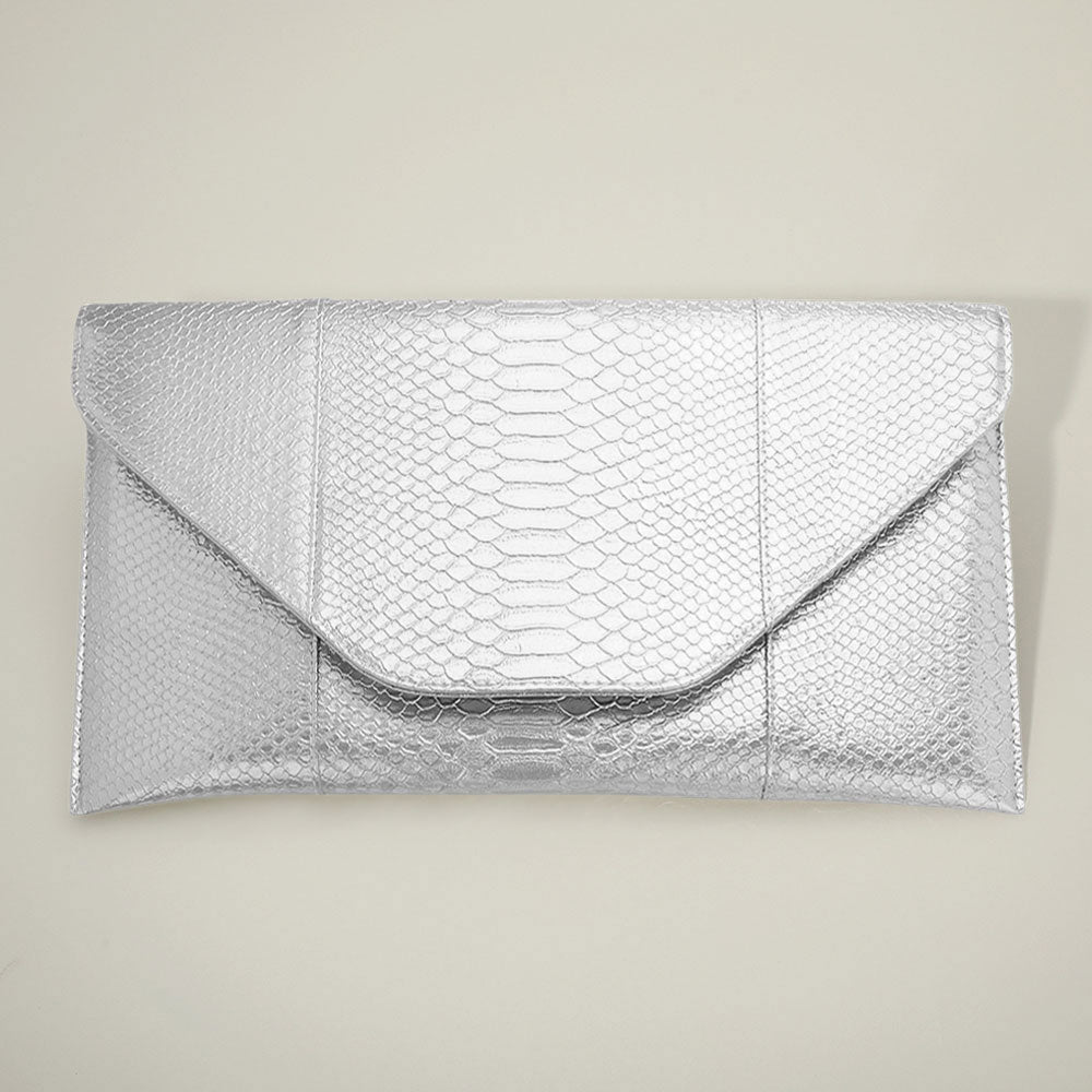 Madeline Love Silver Snake Skin Patterned Envelope Clutch / Shoulder Bag - Bags & Wallets
