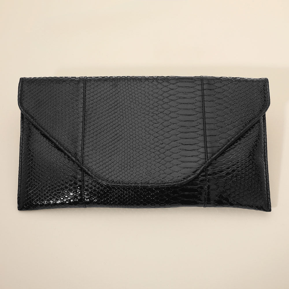 Madeline Love Black Snake Skin Patterned Envelope Clutch / Shoulder Bag - Bags & Wallets