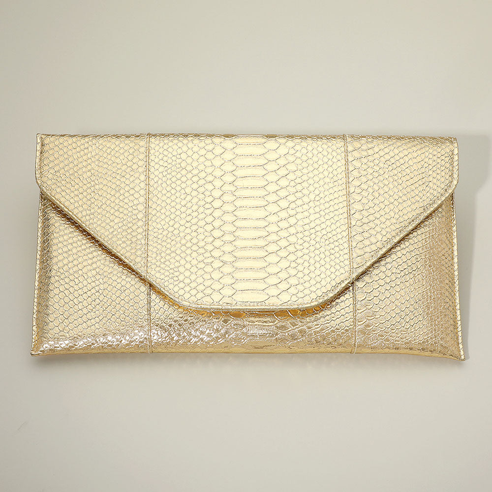 Madeline Love Gold, Light Snake Skin Patterned Envelope Clutch / Shoulder Bag - Bags & Wallets