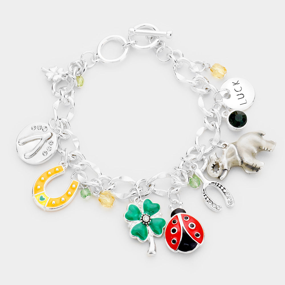 Madeline Love Antique Silver, Multi Enamel Luck Multi Charm Charm Toggle Bracelet - Bracelets