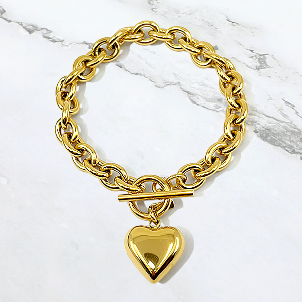Madeline Love Gold Stainless Steel Puffy Heart Charm Toggle Bracelet - Bracelets