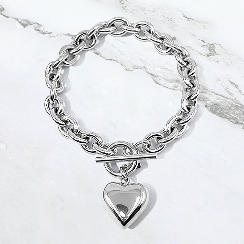 Madeline Love Rhodium Stainless Steel Puffy Heart Charm Toggle Bracelet - Bracelets