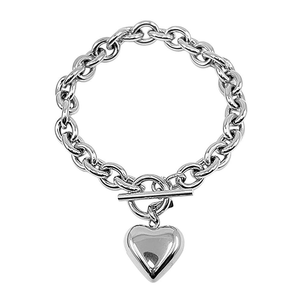 Madeline Love Rhodium Stainless Steel Puffy Heart Charm Toggle Bracelet - Bracelets - desc