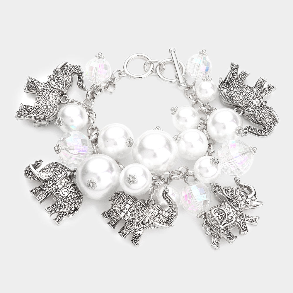 Madeline Love Rhodium Metal Elephant Charm Station Pearl Cluster Toggle Bracelet - Bracelets