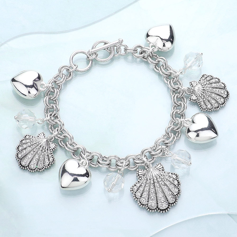 Madeline Love Antique Silver, Clear Rhinestone Embellished Shell Metal Heart Charm Station Toggle Bracelet - Bracelets