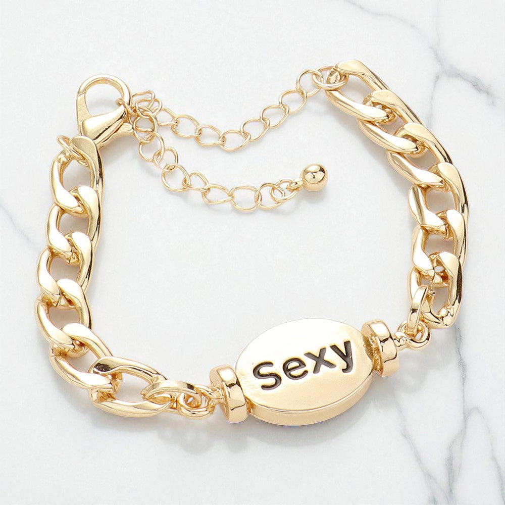 Madeline Love Gold SEXY Metal Oval Message Charm Bracelet - Bracelets