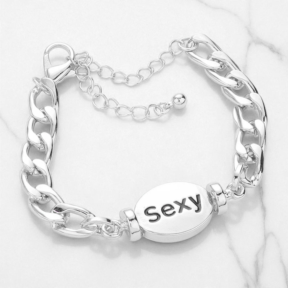 Madeline Love Rhodium SEXY Metal Oval Message Charm Bracelet - Bracelets