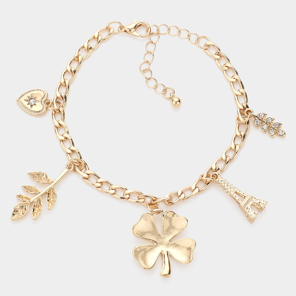 Madeline Love Gold Heart Leaf Clover Eiffel Tower Charm Station Bracelet - Bracelets