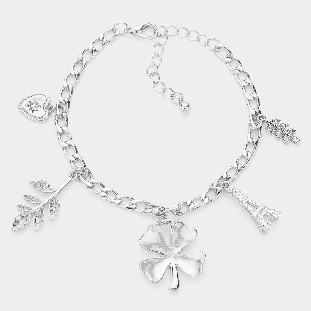 Madeline Love Rhodium Heart Leaf Clover Eiffel Tower Charm Station Bracelet - Bracelets