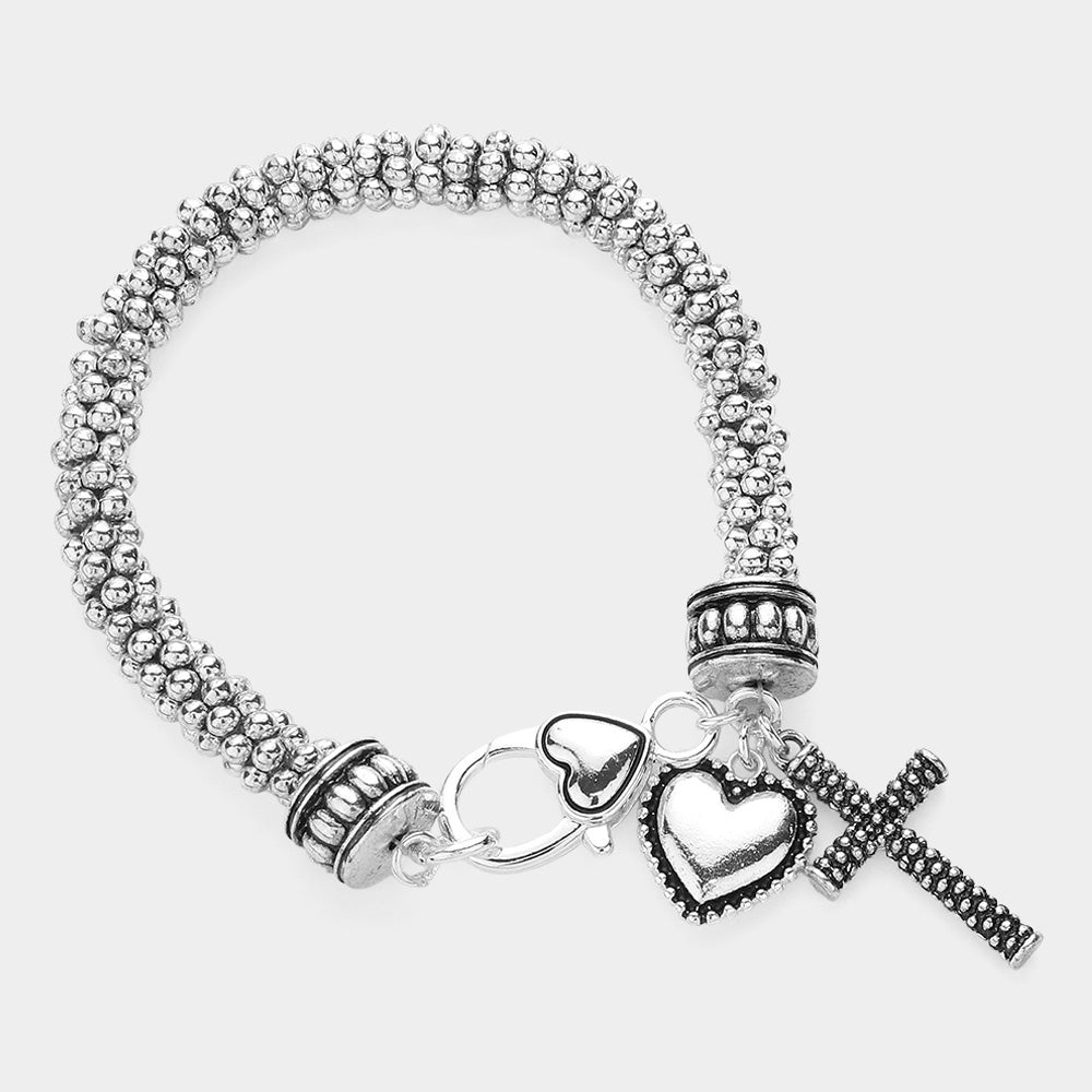 Madeline Love Antique Silver Antique Metal Heart Cross Charm Bracelet - Bracelets