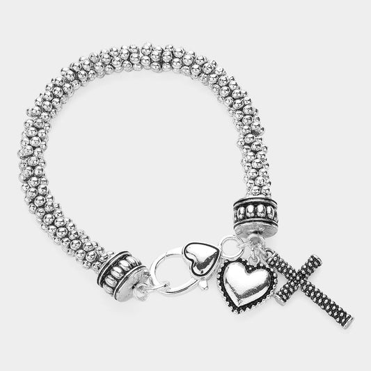 Madeline Love Antique Silver Antique Metal Heart Cross Charm Bracelet - Bracelets