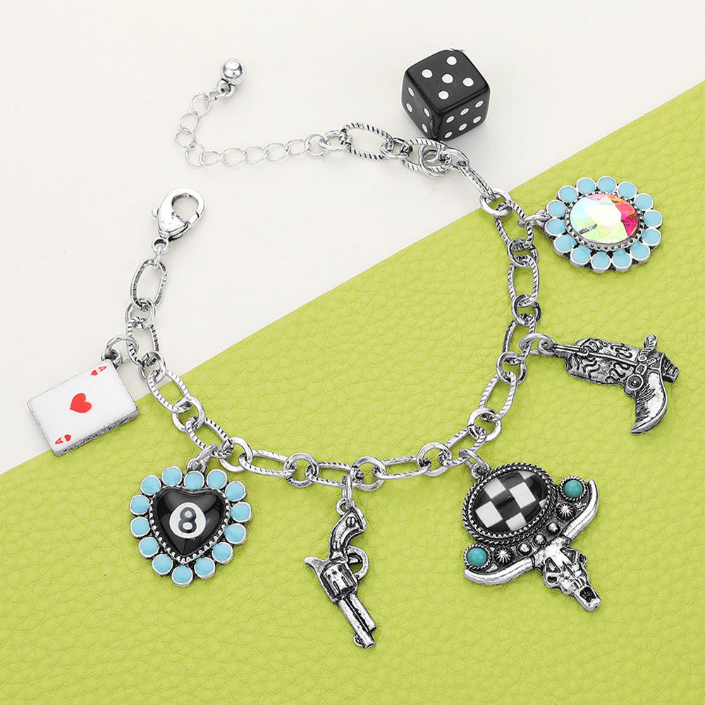 Madeline Love Multi, Silver Burnished Ace Of Heart 8 Ball Billiard Heart Metal Gun Western Steer Head Boot Dice Charm Station Bracelet - Bracelets