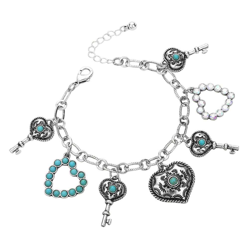 Western Heart Key Charm Station Bracelet - Silver Burnished Turquoise - Bracelets