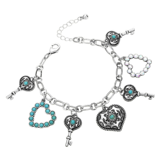 Western Heart Key Charm Station Bracelet - Silver Burnished Turquoise - Bracelets