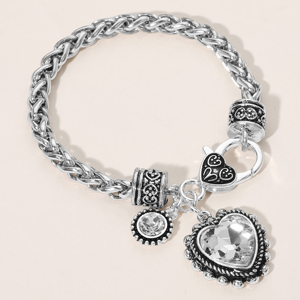 Madeline Love Antique Silver, Clear Heart Stone Charm Bracelet - Bracelets