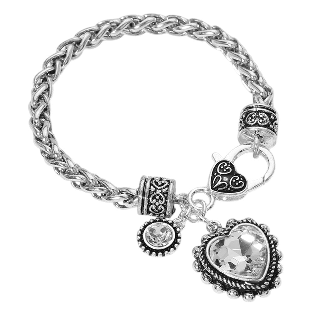 Madeline Love Antique Silver, Clear Heart Stone Charm Bracelet - Bracelets - desc