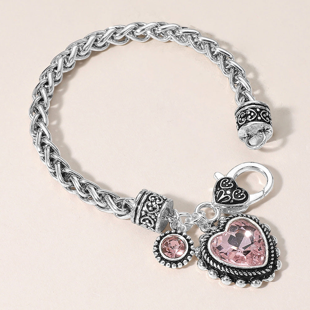 Madeline Love Antique Silver, Pink Heart Stone Charm Bracelet - Bracelets