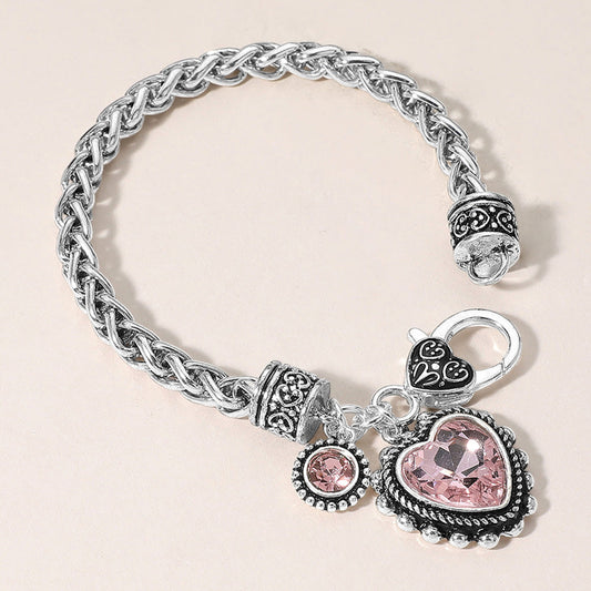 Madeline Love Antique Silver, Pink Heart Stone Charm Bracelet - Bracelets