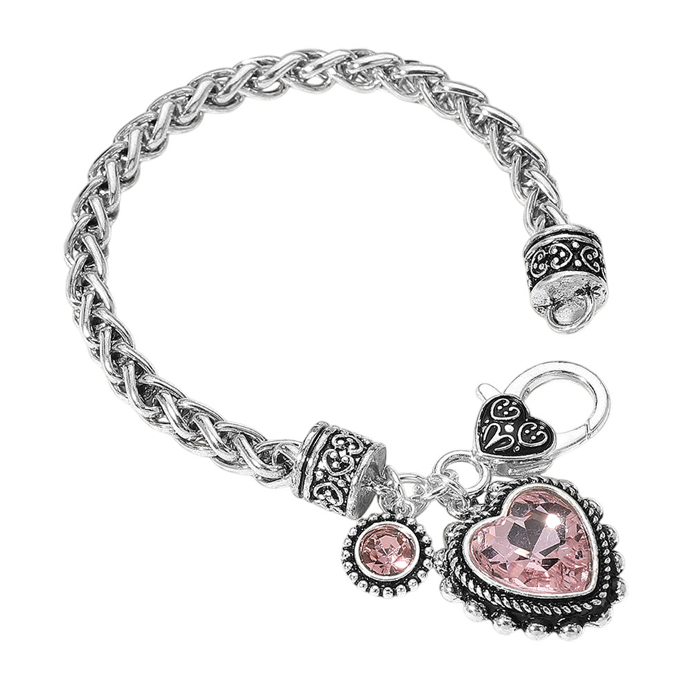 Madeline Love Antique Silver, Pink Heart Stone Charm Bracelet - Bracelets - desc