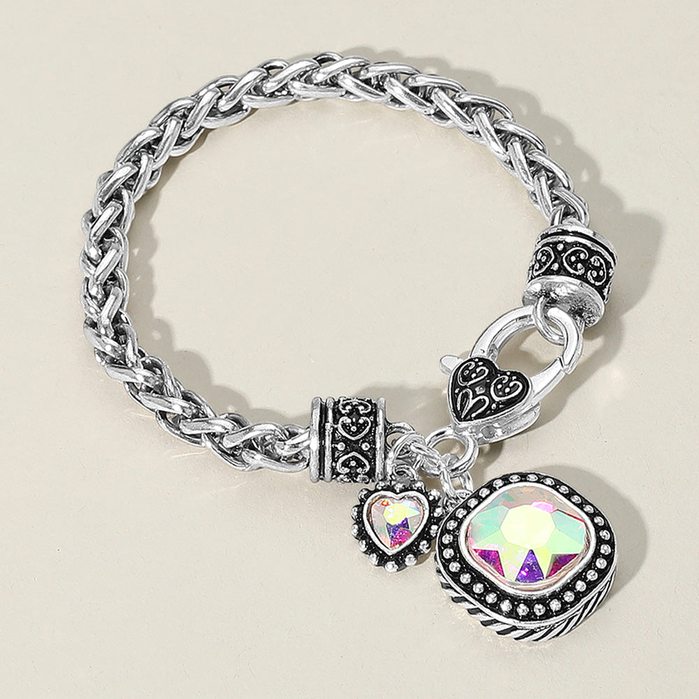 Madeline Love AB, Antique Silver Square Heart Stone Charm Bracelet - Bracelets