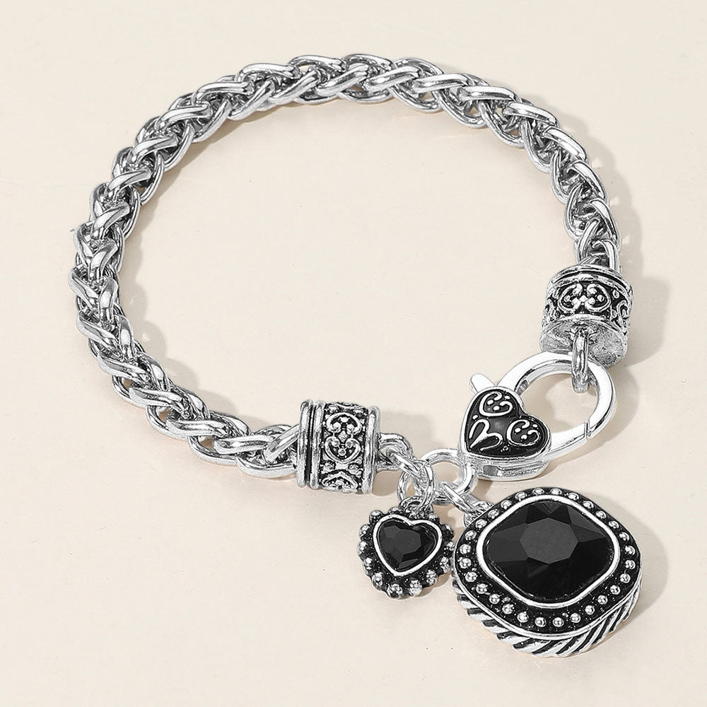 Madeline Love Antique Rhodium, Black Square Heart Stone Charm Bracelet - Bracelets