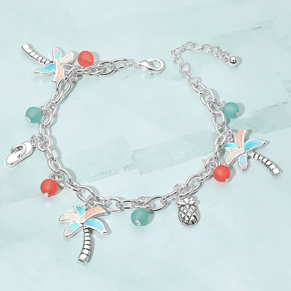 Madeline Love Antique Silver, Multi Tropical Palm Tree Flip Flop Pineapple Beads Charm Bracelet - Bracelets