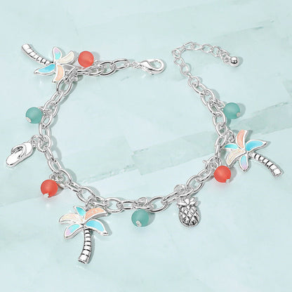 Madeline Love Antique Silver, Multi Tropical Palm Tree Flip Flop Pineapple Beads Charm Bracelet - Bracelets