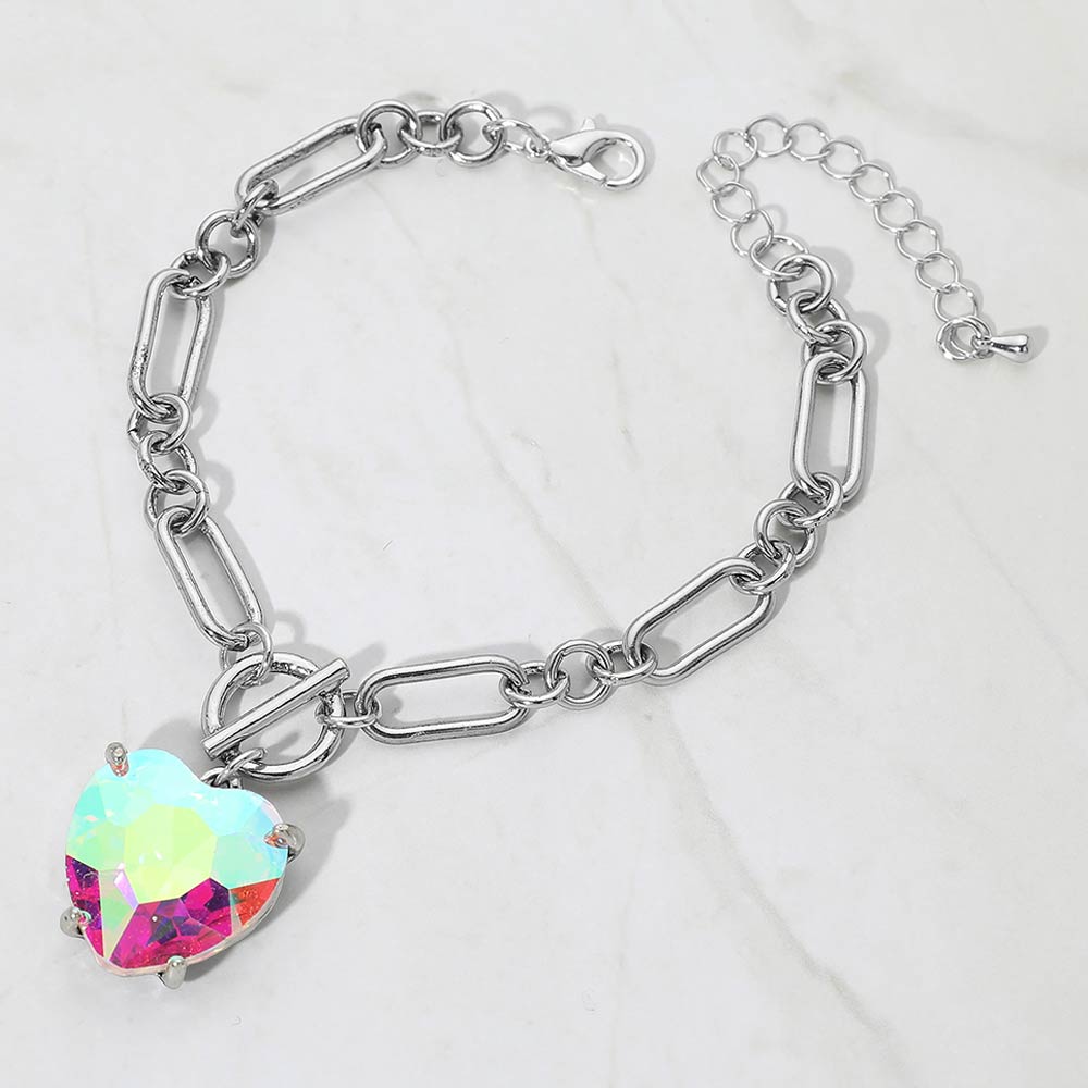 Madeline Love AB, Antique Silver Chunky Heart Stone Cluster Toggle Charm Bracelet - Bracelets