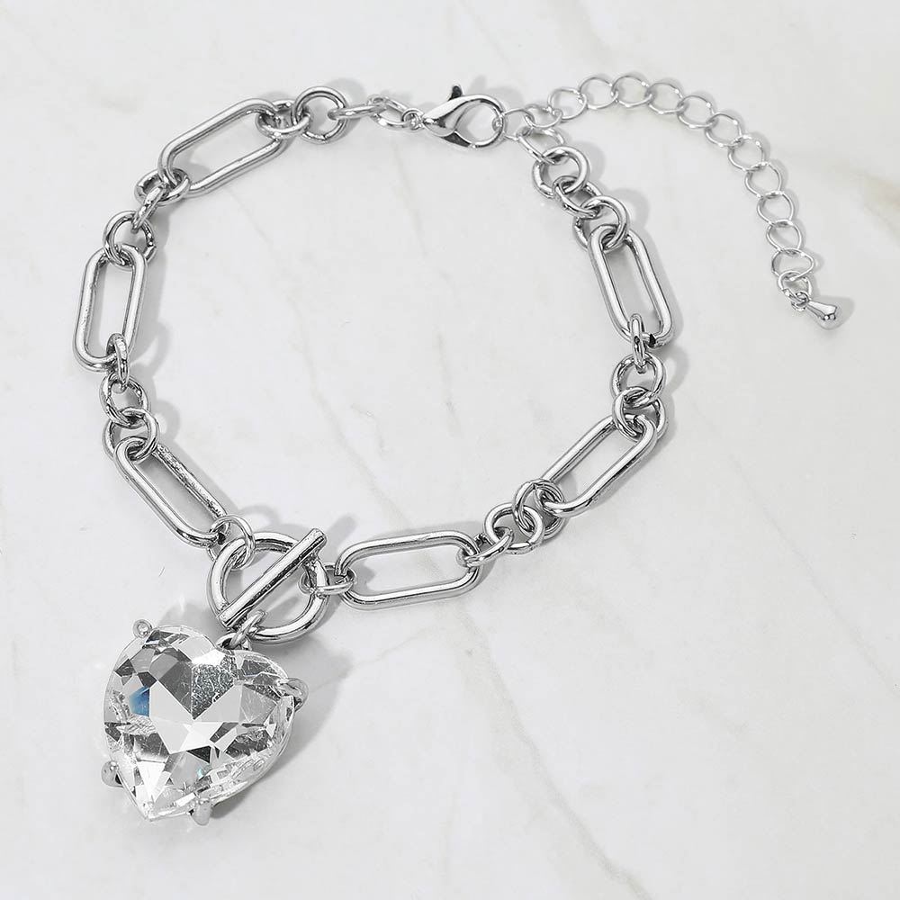 Madeline Love Antique Silver, Clear Chunky Heart Stone Cluster Toggle Charm Bracelet - Bracelets