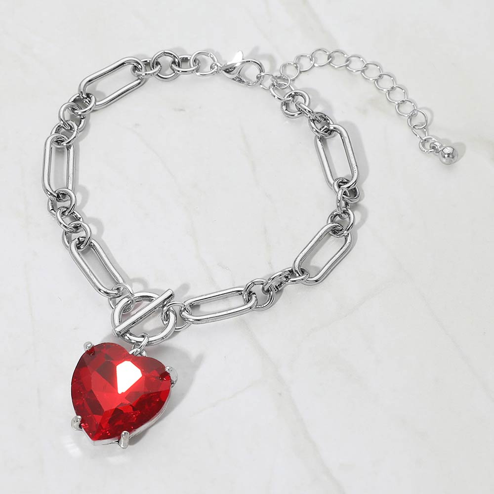Madeline Love Antique Silver, Red Chunky Heart Stone Cluster Toggle Charm Bracelet - Bracelets