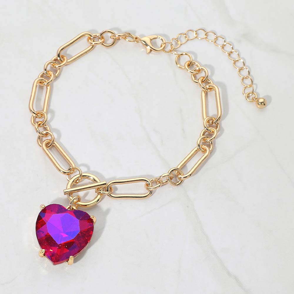 Madeline Love AB, Fuchsia Chunky Heart Stone Cluster Toggle Charm Bracelet - Bracelets