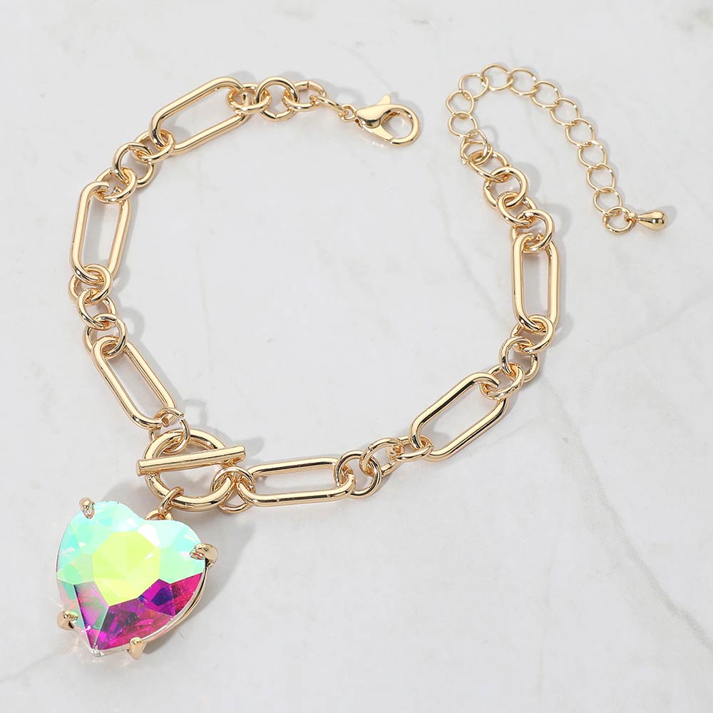 Madeline Love AB, Gold Chunky Heart Stone Cluster Toggle Charm Bracelet - Bracelets