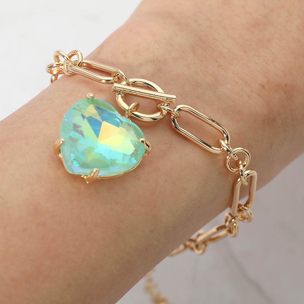 Madeline Love AB, Mint Chunky Heart Stone Cluster Toggle Charm Bracelet - Bracelets