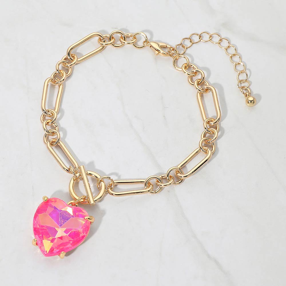 Madeline Love AB, Fuchsia, Neon Chunky Heart Stone Cluster Toggle Charm Bracelet - Bracelets