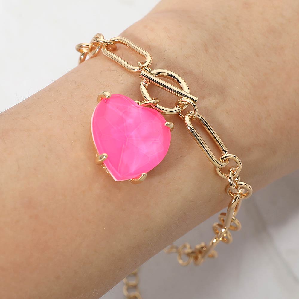 Madeline Love Fuchsia, Neon Chunky Heart Stone Cluster Toggle Charm Bracelet - Bracelets