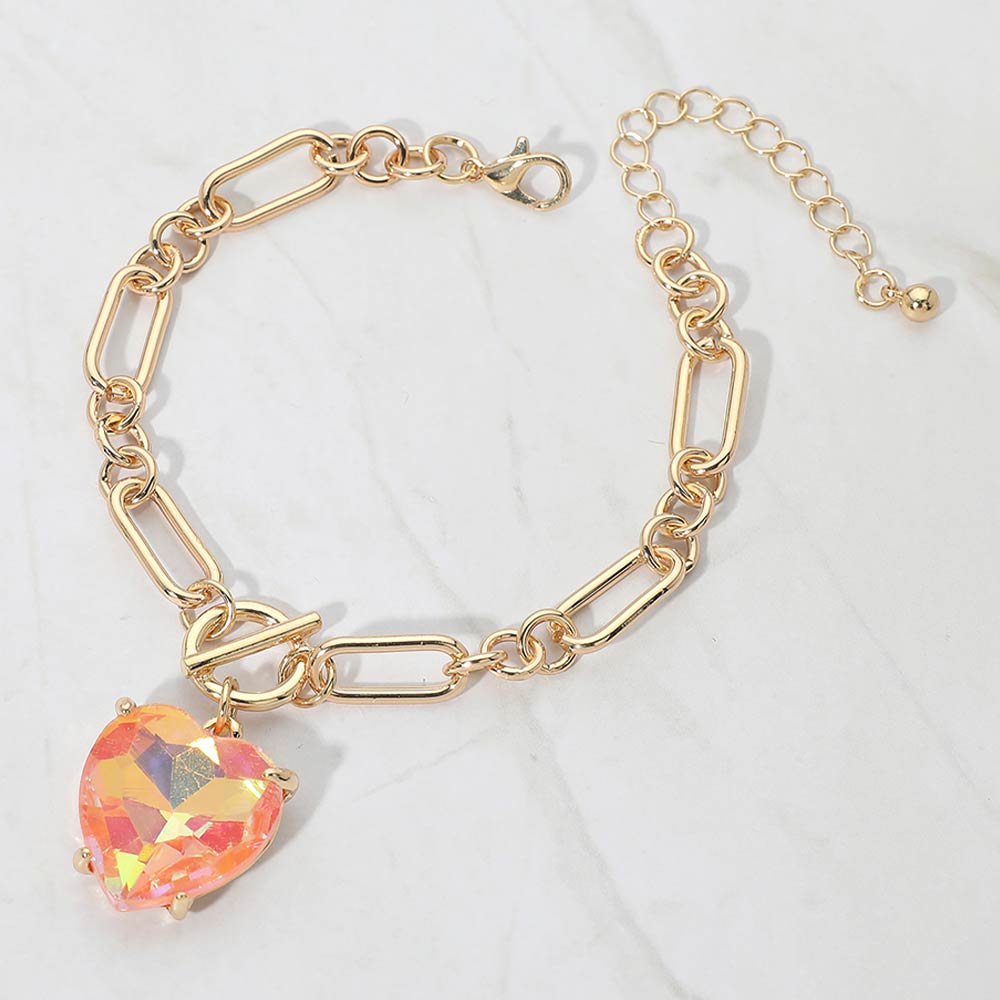 Madeline Love AB, Pink Chunky Heart Stone Cluster Toggle Charm Bracelet - Bracelets