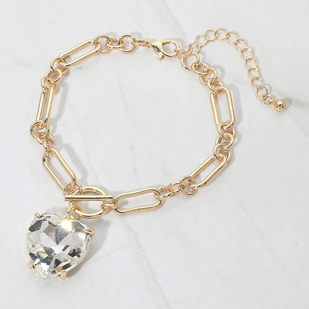 Madeline Love Clear, Gold Chunky Heart Stone Cluster Toggle Charm Bracelet - Bracelets
