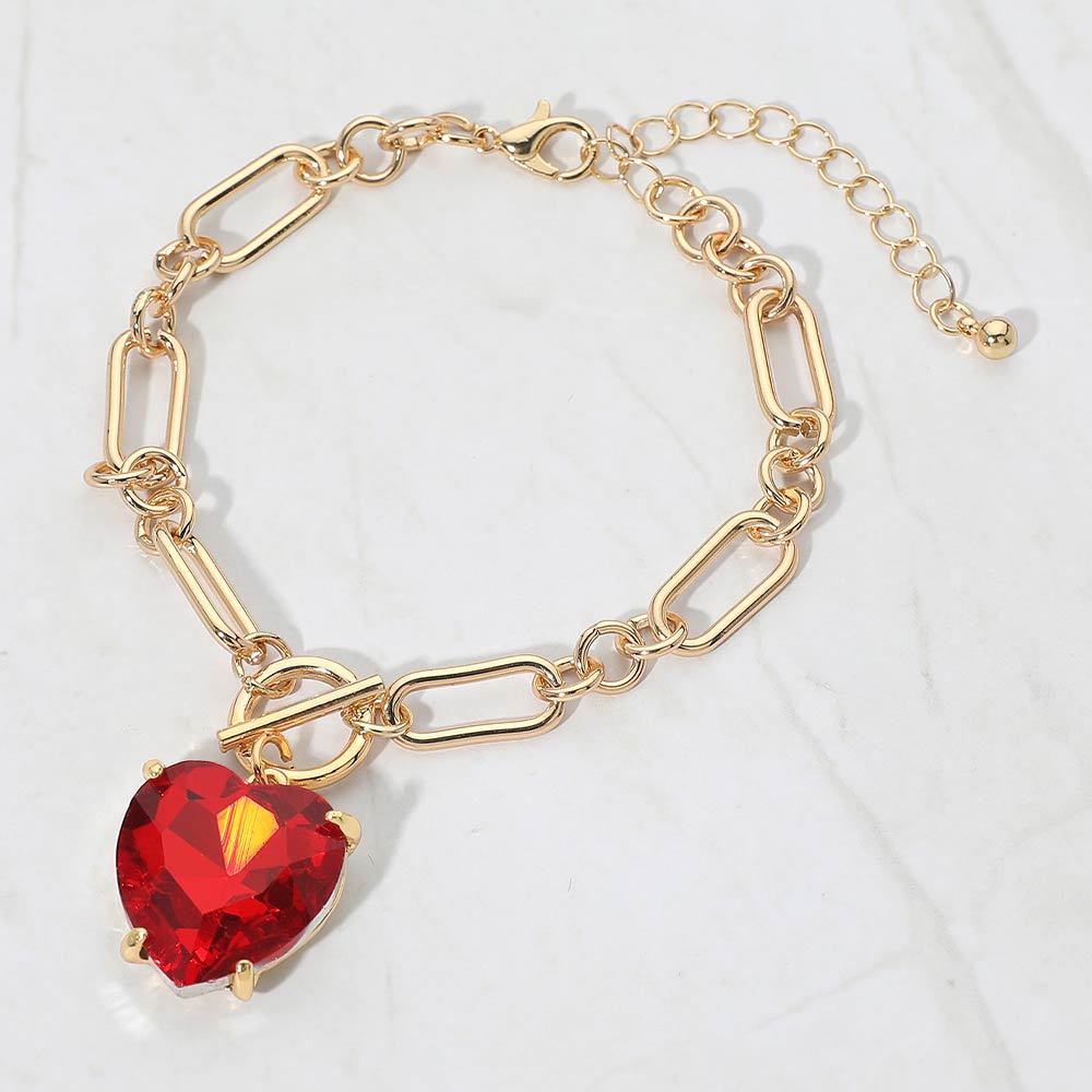 Madeline Love Gold, Red Chunky Heart Stone Cluster Toggle Charm Bracelet - Bracelets
