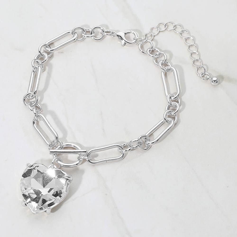 Madeline Love Clear, Silver Chunky Heart Stone Cluster Toggle Charm Bracelet - Bracelets