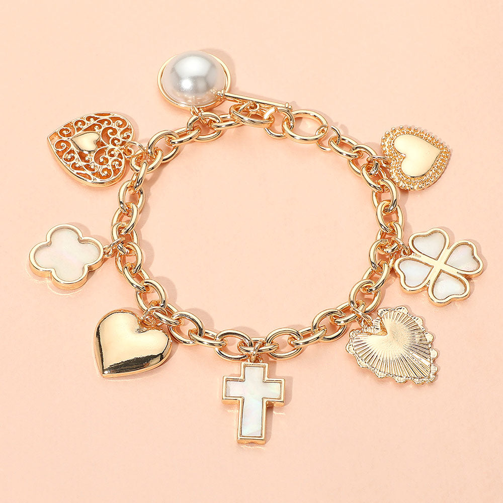 Madeline Love Gold Metal Heart Pearl Clover Cross Charm Station Bracelet - Bracelets