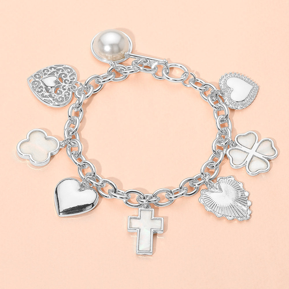 Madeline Love Silver Metal Heart Pearl Clover Cross Charm Station Bracelet - Bracelets