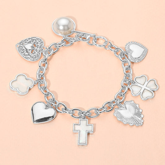Madeline Love Silver Metal Heart Pearl Clover Cross Charm Station Bracelet - Bracelets
