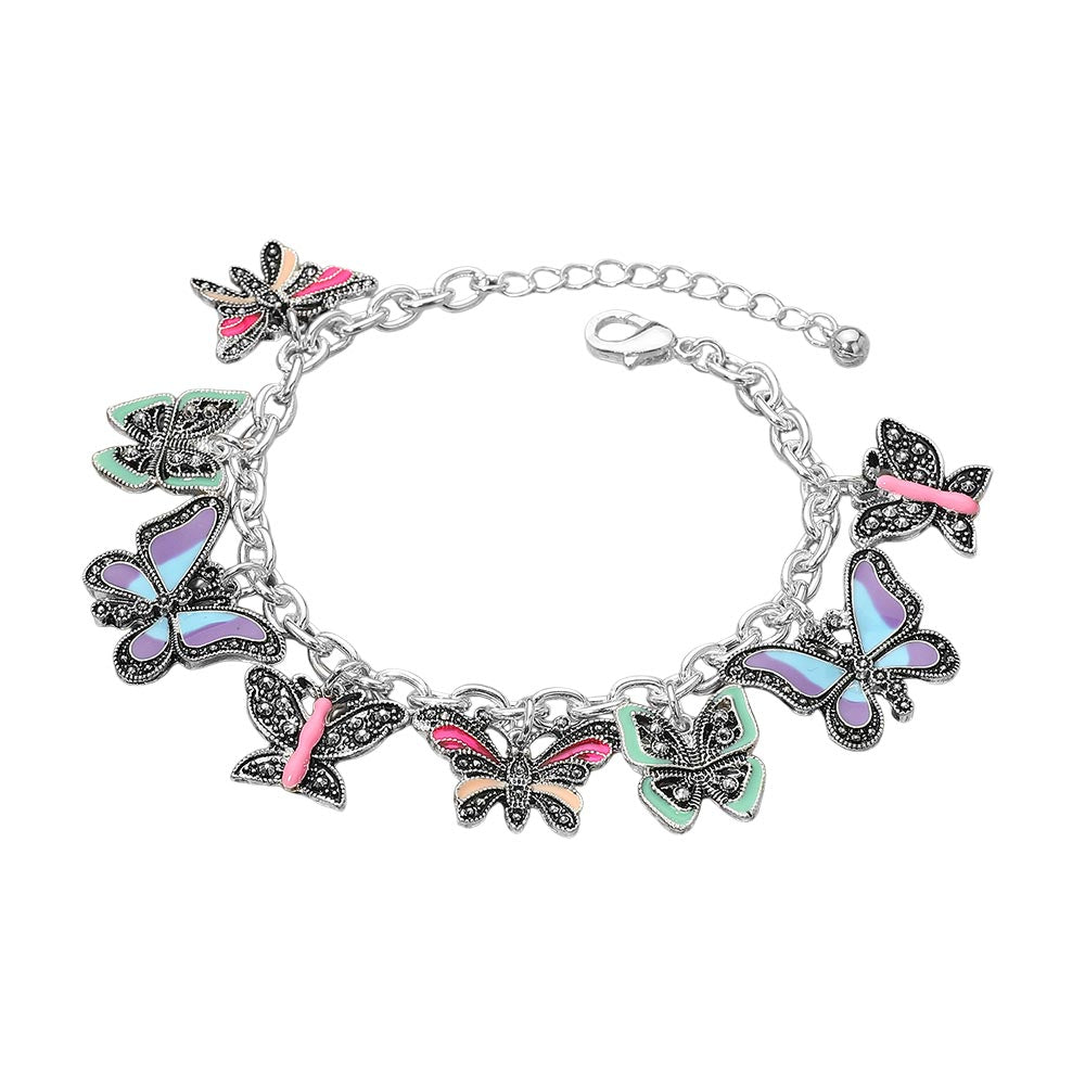 Madeline Love Antique Silver, Multi Multi Butterfly Charm Station Bracelet - Bracelets - desc