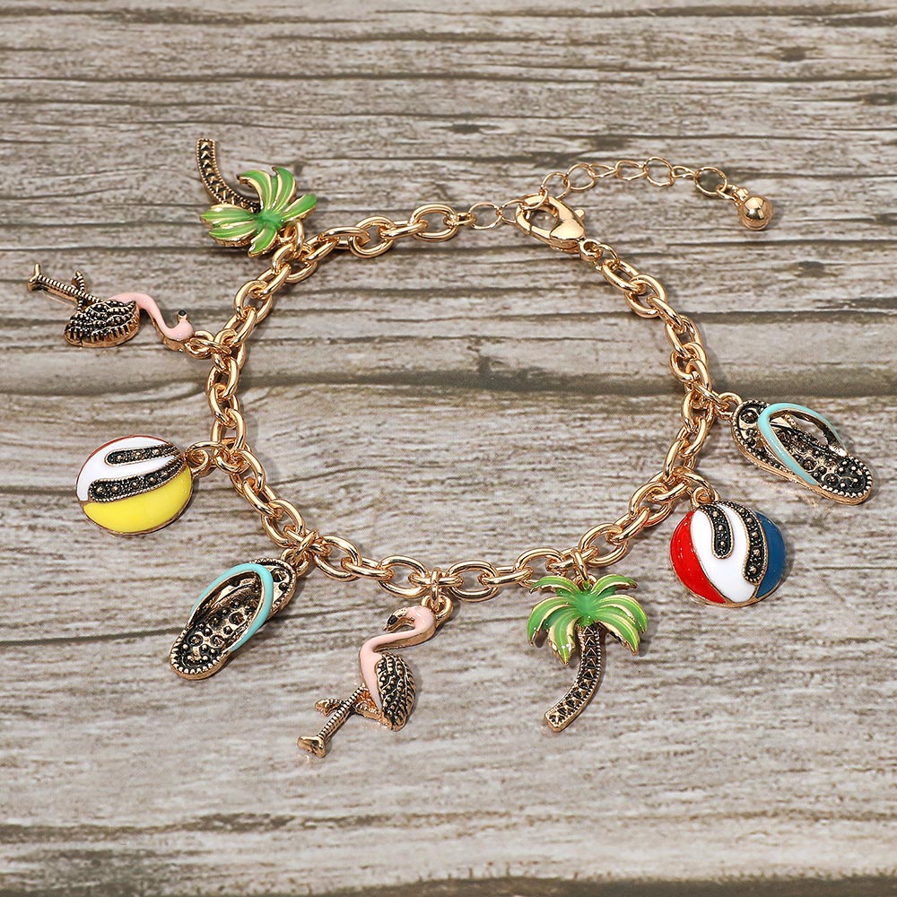 Madeline Love Antique Gold, Multi Fun Tropical Palm Tree Flamingo Flip Flop Beach Ball Charm Station Bracelet - Bracelets