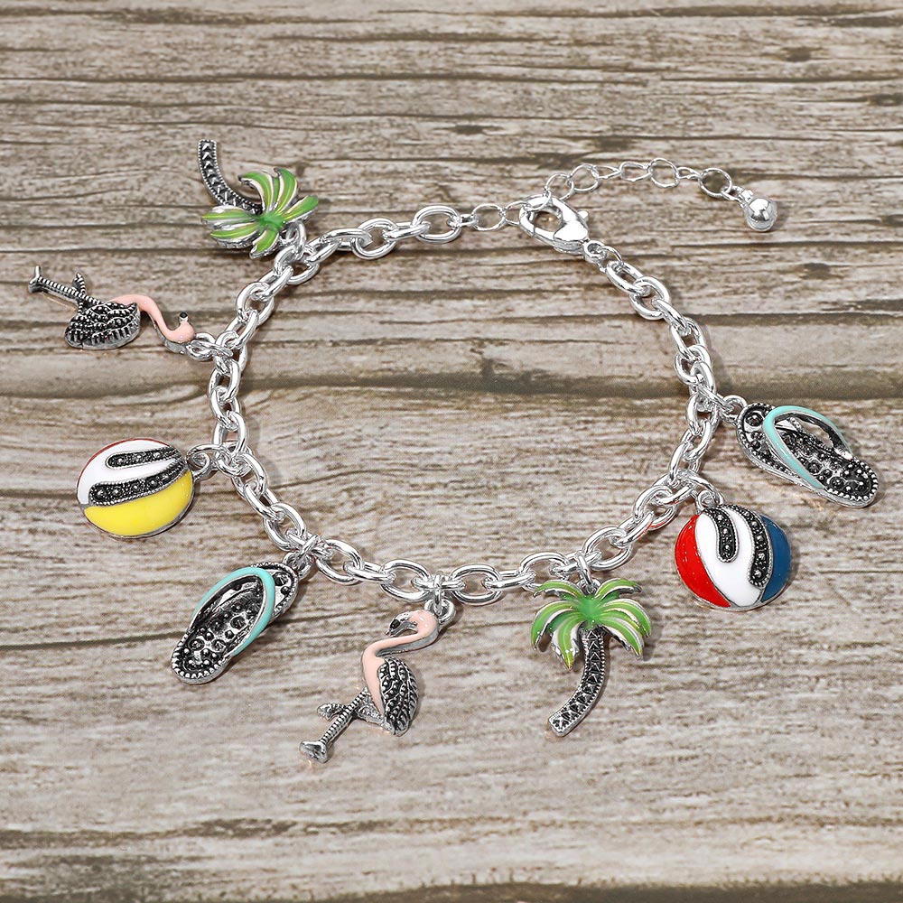 Madeline Love Antique Silver, Multi Fun Tropical Palm Tree Flamingo Flip Flop Beach Ball Charm Station Bracelet - Bracelets
