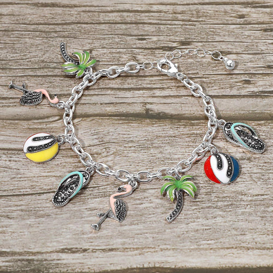 Madeline Love Antique Silver, Multi Fun Tropical Palm Tree Flamingo Flip Flop Beach Ball Charm Station Bracelet - Bracelets