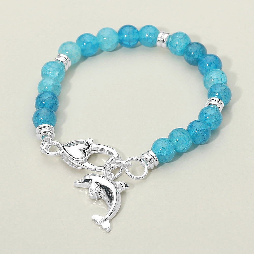 Madeline Love Blue, Silver Dolphin Charm Beaded Stretch Bracelet - Bracelets