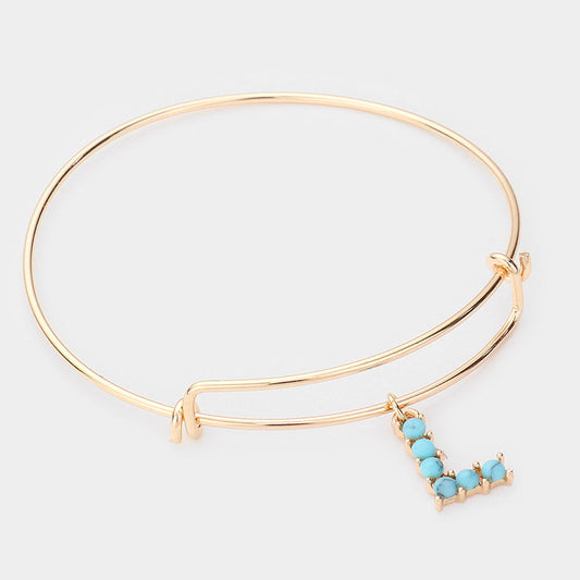 Madeline Love Gold -L- Turquoise Embellished Initial Monogram Charm Bracelet - Bracelets